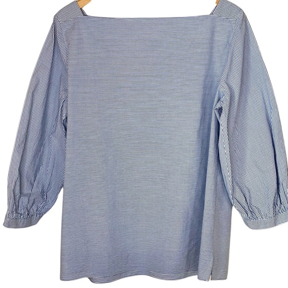 Lafayette 148 New York Blue Pinstripe 100% Cotton Square Neck Puff Sleeve Top L - Picture 4 of 6